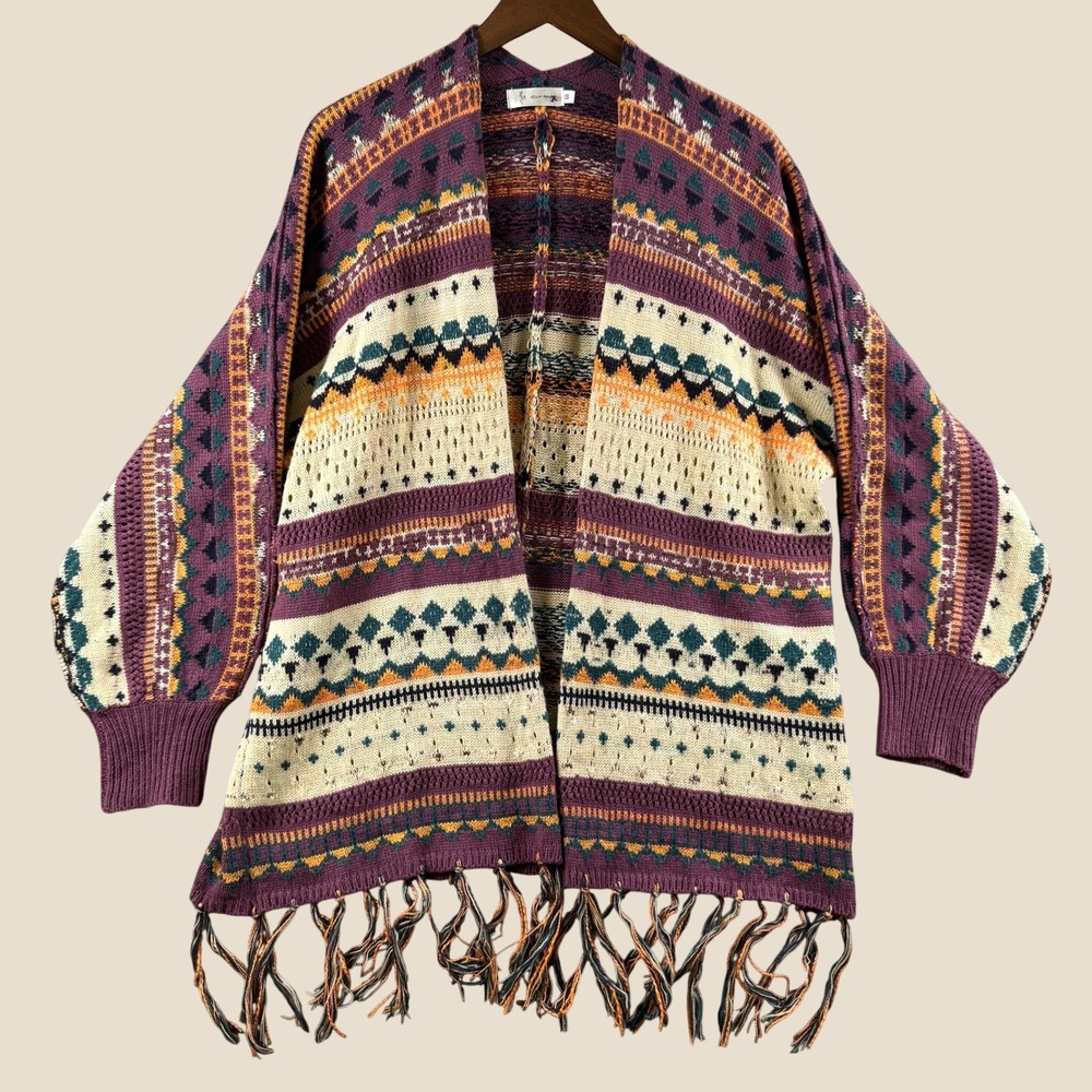 Knit Mix Cardigan Women S Purple Geometric Fringe Boho Open Front Sweater Wrap